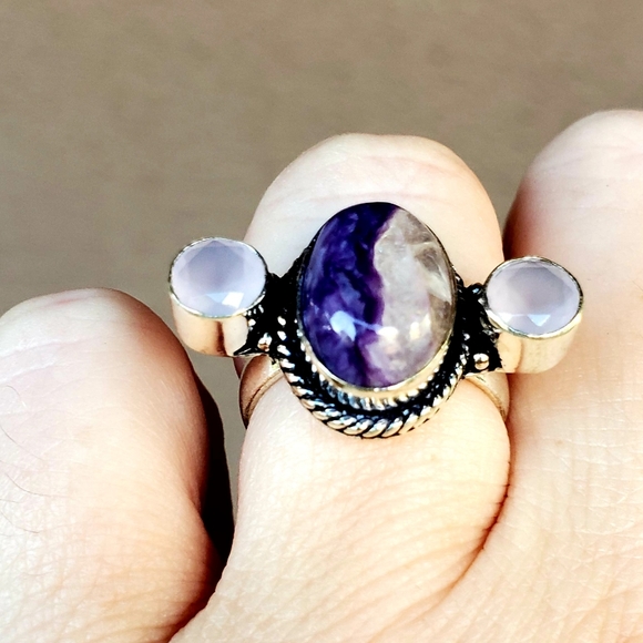 New Charoite & Chalcedony Silver Ring. - Picture 5 of 12